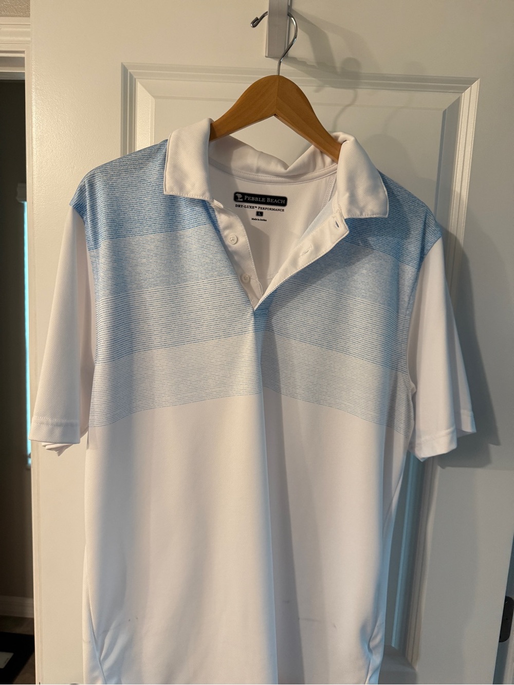 Pebble Beach Men's White Polo with Light Blue Gradient Stripes